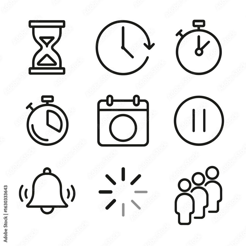 Poster time icon set. outline icon set of delay concepts: hourglass, clock, stopwatch, timer, calendar, pau