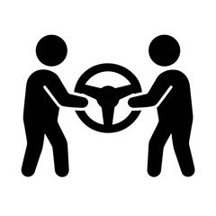 Fototapeta premium Two people holding steering wheel icon in solid fill representing shared control and teamwork