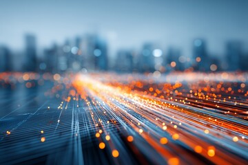 Abstract network data streams flowing toward a blurred cityscape at twilight, concept for digital infrastructure, global communication and future technology networks