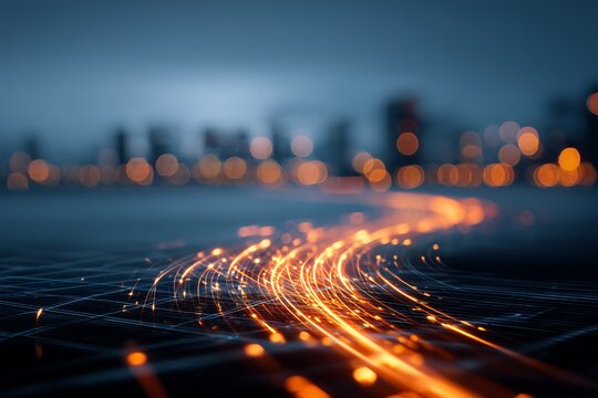 Abstract glowing fiber optic lines on dark grid with blurred city backdrop at night, concept for high speed internet, futuristic communication and network infrastructure.
