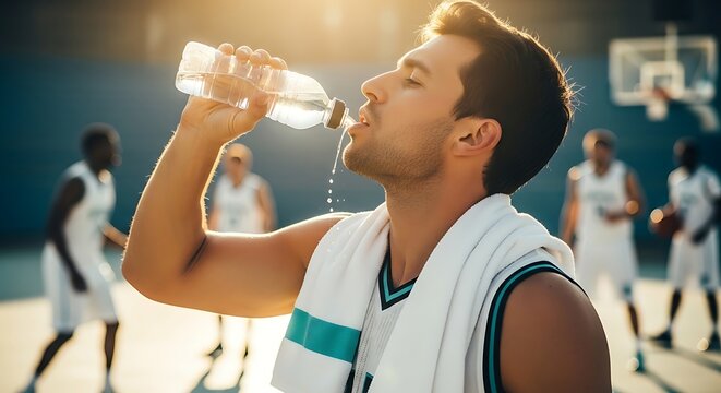 Athlete Quenching Thirst with Water Bottle in Competitive Basketball Environment Under Warm Sunset Lighting - Dynamic Sports Action and Hydration Concept
