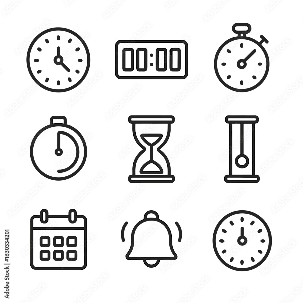 Poster time measurement icons. outline icon set of time measurement: analog dial, digital timer, stopwatch,