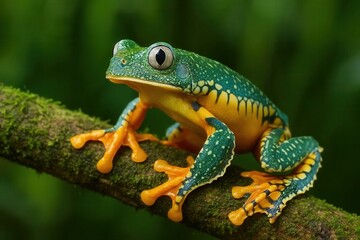 Obraz premium A vibrant green frog with yellow accents perches on a mossy branch, embodying the essence of tropical biodiversity