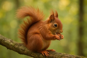 Obraz premium A red squirrel enjoys a nut in the serene embrace of nature