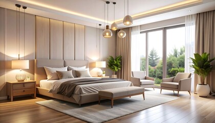 Obraz premium Luxurious modern master bedroom interior with cozy furniture and elegant lighting design.