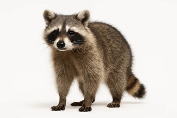 Obraz premium A curious raccoon stands alert on a pristine white background, its eyes reflecting curiosity and intelligence