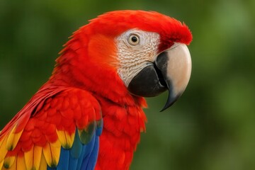 Fototapeta premium A vibrant red parrot with a captivating gaze stands out against a blurred green backdrop