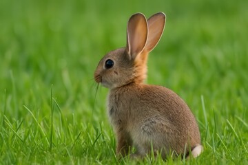 A young brown rabbit sits quietly in a verdant field, its ears perked up as it observes its surroundings