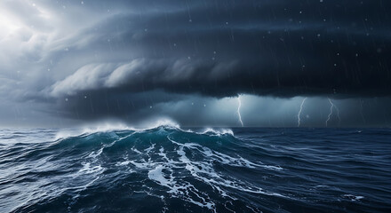 Dramatic Ocean Storm: Waves, Rain, and Forked Lightning