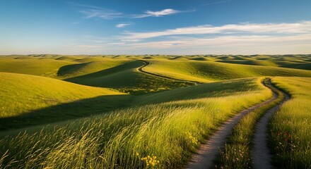 Fototapeta premium Breathtaking Landscape of Rolling Green Hills Under a Vast Blue Sky with Winding Path Inviting Adventure and Exploration in the Heart of Nature's Untouched Beauty