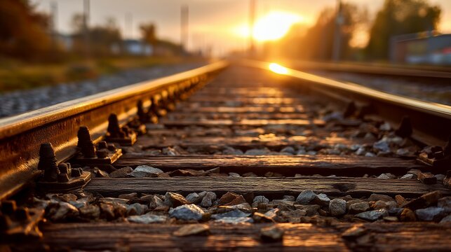 Close up of sunlit railway tracks stretching into distance with ballast stones, concept for future journey, travel adventure and transportation system