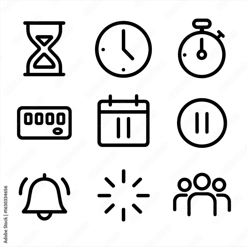 Poster time icon set. outline icon set of delay concepts: hourglass, clock, stopwatch, timer, calendar, pau