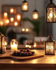 Dates on a plate, illuminated by warm lights and lanterns, in a dimly lit room