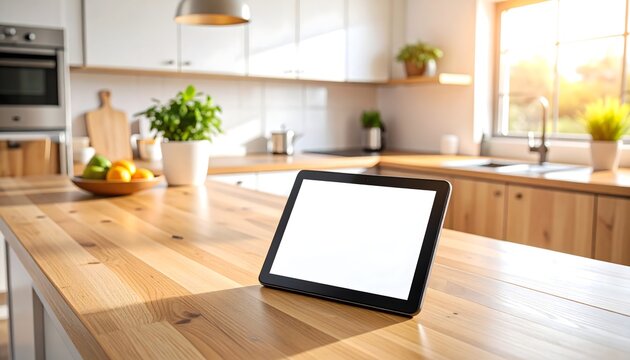 Digital tablet with blank screen on a wooden kitchen counter for a smart home recipe app mockup