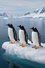 Fototapeta premium Three penguins stand majestically on a floating iceberg in the vast Arctic wilderness