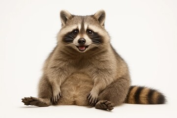 A playful raccoon sits with its mouth open, showcasing a joyful expression against a stark white background