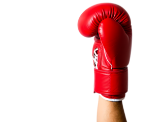 Png a red boxing glove isolated on transparent background is raised up by a hand, symbolizing strength, fitness, and the spirit of combat sports transparent background