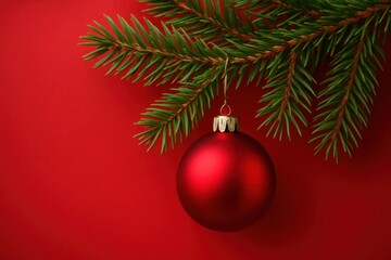 Obraz premium A solitary red bauble hangs from a green pine branch against a vibrant red backdrop, symbolizing the festive spirit of Christmas
