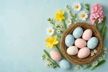 A Delicate Nest of Pastel Eggs and Spring Blooms on a Soft Blue Canvas