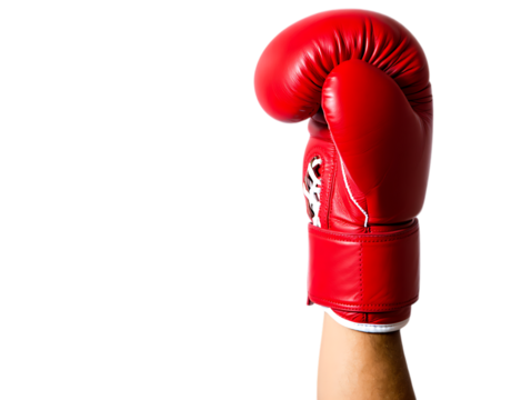 Png a red boxing glove isolated on transparent background is raised up by a hand, symbolizing strength, fitness, and the spirit of combat sports transparent background