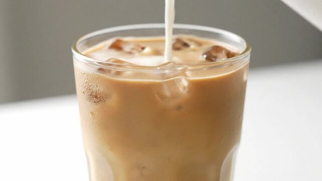 A glass of iced coffee with milk being poured in Ice cubes and condensation are visible