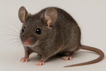 A young rat with large eyes sits attentively on a textured surface