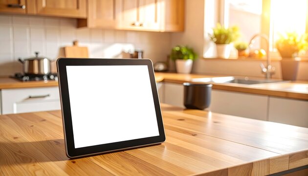 Modern home living with a blank screen tablet on a sunlit wooden kitchen countertop. - Powered by Adobe