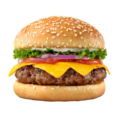 A deliciously crafted cheeseburger featuring a juicy beef patty topped with melted cheddar cheese and fresh toppings on a sesame seed bun