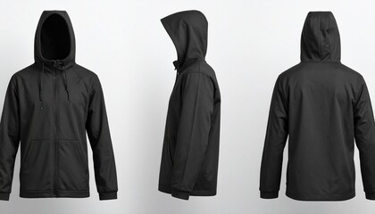 Blank Black Windbreaker Jacket Displayed from Multiple Angles