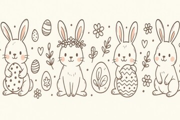A delightful lineup of rabbits adorned with Easter eggs and flowers, symbolizing the joyous celebration of spring