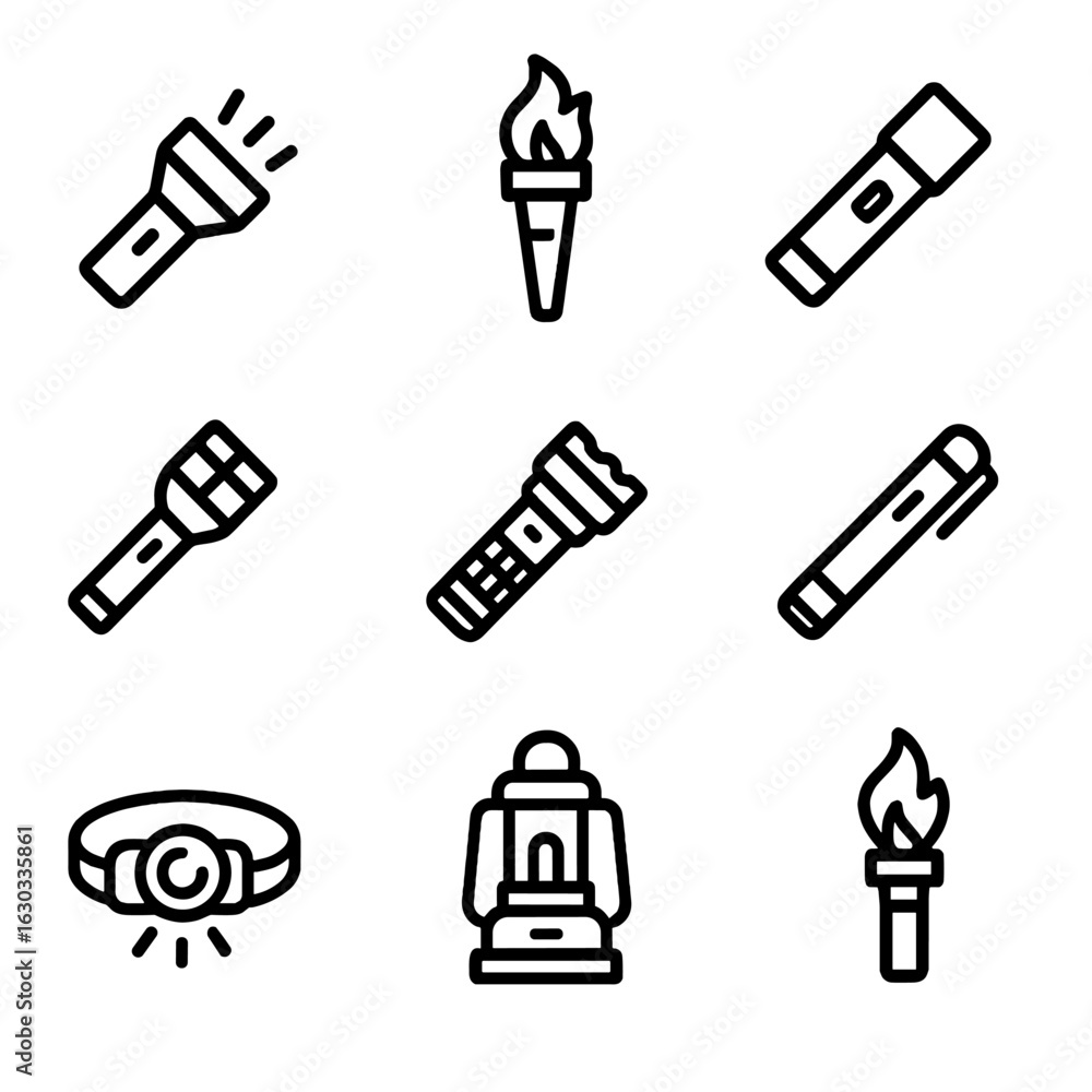 Poster torchlight icon set. outline icon set of torchlight types: led torch, traditional flame torch, elect