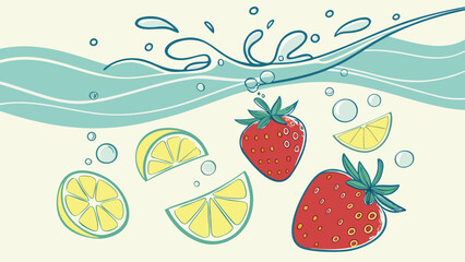 Illustration of strawberries and lemon slices floating in water with bubbles and splashing waves above