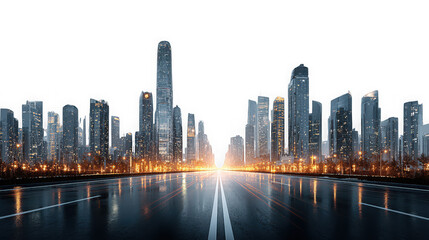 Fototapeta premium Modern cityscape with illuminated buildings reflecting on wet road creating a vibrant urban scene isolated on transparent background