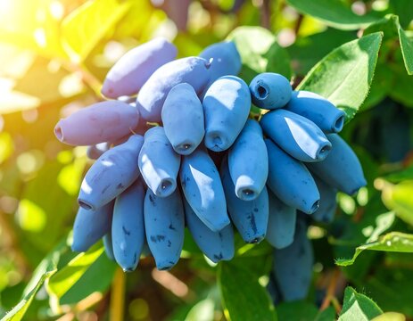 Cluster of vibrant blue berries on a branch