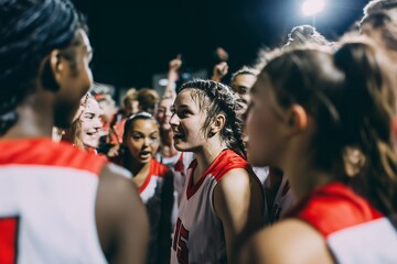 Focused diverse young female basketball team huddled together intensely listening and strategizing under bright lights, concept for team motivation, competitive spirit and sporting achievement