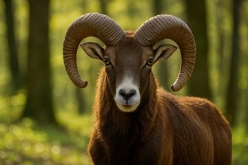 Fototapeta premium A majestic ram stands in the forest, its gaze piercing through the soft green hues of nature