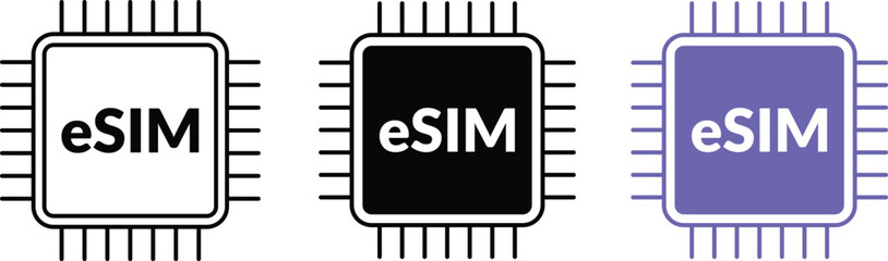 eSIM icon set in minimal flat outline style in color, showing an embedded SIM chip used in modern smartphones and smart devices. Ideal for illustrating digital connectivity and mobile technology.