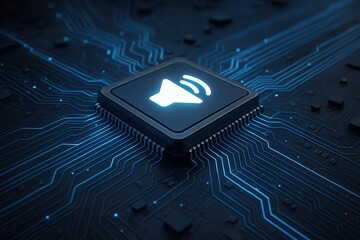 Sound waves emanate from a central chip on a circuit board, symbolizing the integration of technology with audio processing