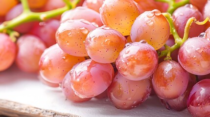 Isolated grapes with water droplets on white surface, 50mm focal length emphasizing plump shapes and surface shine with diffused studio lighting