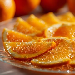 Sliced oranges on plate, close-up, sunny kitchen, food photography, recipe