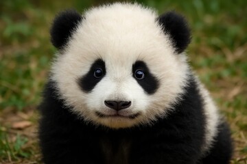 Fototapeta premium A young panda gazes with curiosity into the camera lens