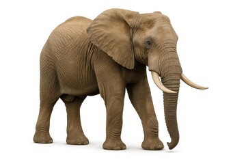 Obraz premium A majestic African elephant stands tall against a pristine white background, its gentle eyes reflecting wisdom and strength