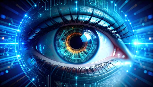 Futuristic eye with digital circuits - Powered by Adobe