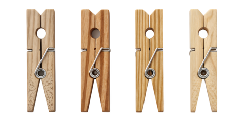 Wooden Clothespins Close-Up: Four natural wooden clothespins stand side-by-side, the focus is on detailed patterns of wood grain and the essential metallic spring that give a fresh and rustic touch.