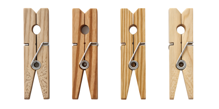 Wooden Clothespins Close-Up: Four natural wooden clothespins stand side-by-side, the focus is on detailed patterns of wood grain and the essential metallic spring that give a fresh and rustic touch.