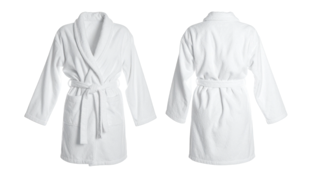Front and Back Views of a White Terry Cloth Bathrobe with Belt and Pockets
