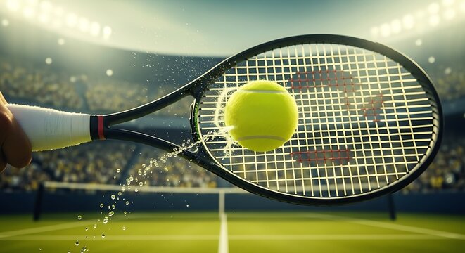 Dynamic Tennis Action Shot: A Close-Up of a Player's Hand Hitting a Yellow Tennis Ball with a Racket in a Packed Stadium Setting Under Bright Lights