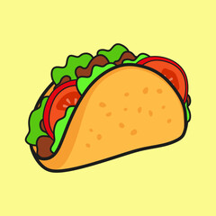 Vector illustration of a cartoon taco filled with lettuce, tomato, and meat on a yellow background. Colorful and playful Mexican fast food design