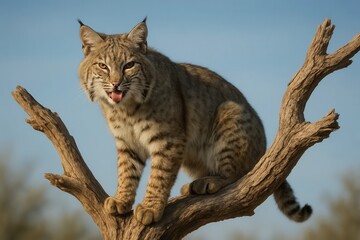 Obraz premium A lone bobcat sits atop a gnarled tree branch, its gaze fixed intently on something unseen in the vast expanse of the blue sky