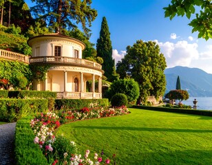 Lakeside villa with lush gardens